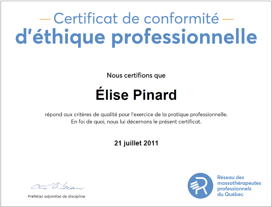 Certificat de Conformite d'Ethique Professionnelle